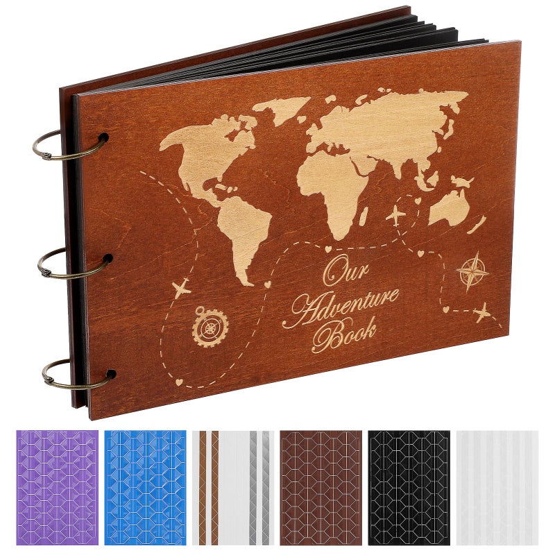 Partykindom Wooden Scrapbook Photo Album, 12x8 Inch Diy Memory Book with 40 Black Pages and 6 Corner Stickers, Ideal for Anniversaries, Weddings, Birthdays, and Special Moments - Image 1